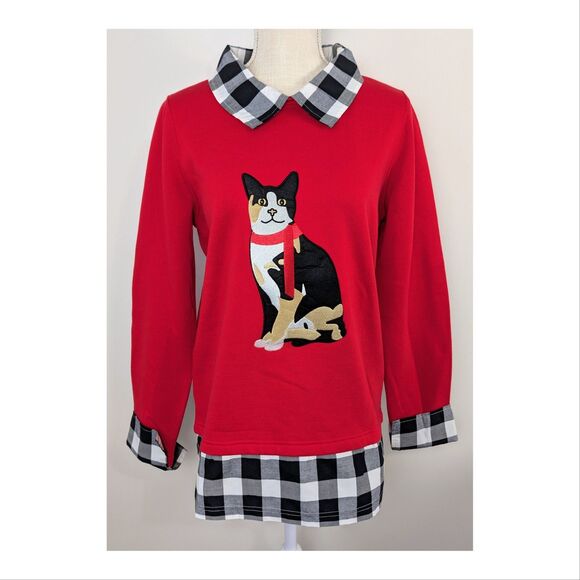 Country Store Womens Sweatshirt Small Embroidered Cat Layered Buffalo Plaid NWOT - Picture 1 of 9